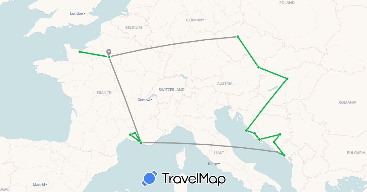 TravelMap itinerary: driving, bus, plane in Austria, Bosnia and Herzegovina, Czech Republic, France, Croatia, Hungary, Montenegro (Europe)